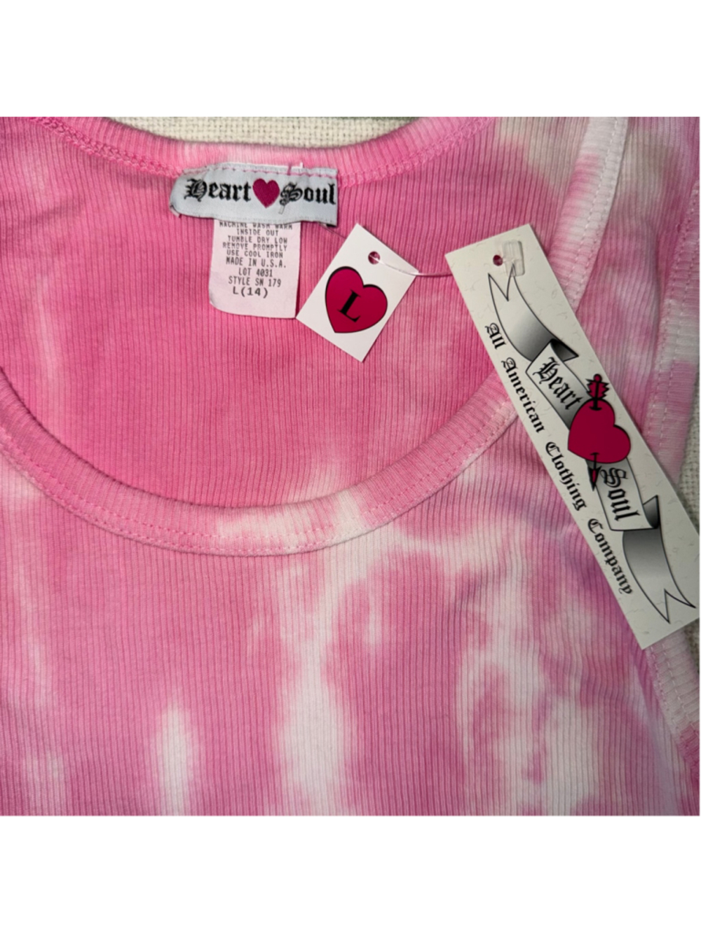 NOS Vintage Y2K Women's Large Heart Soul Pink Dk Gray Tie Dye Tank Top - Picture 2 of 7